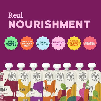 Serenity Kids 6+ Months Organic Baby Food Pouches - 5g Protein Nutrient-Packed Baby Puree Pouches - Organic Veggie-Rich Toddler Snack - On-the-Go Toddler Meals & Snack Pack - 8 Count, 3.5 Oz