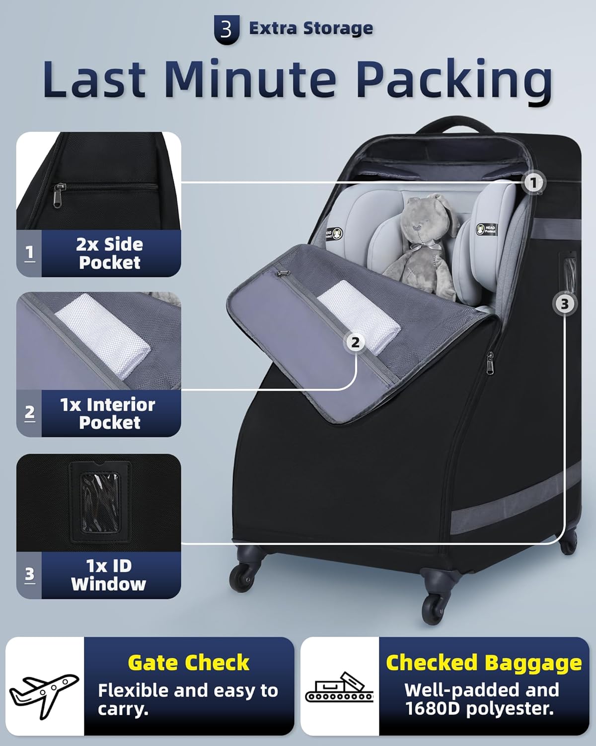 Car Seat Bag Backpack with Wheels for Air Travel Extra Large Padded Carseat Cover Carrier for Airplane Gate Check Bag