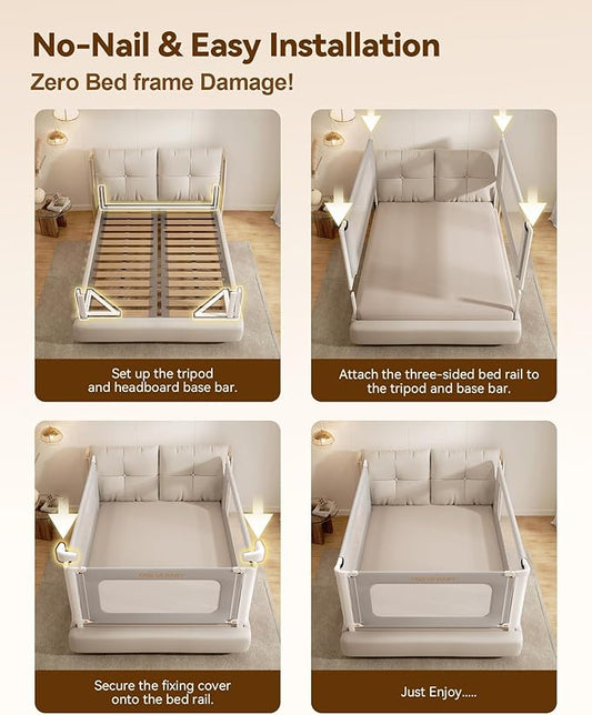 Bed Rails for Toddlers 3 Pack, Thickened & Reinforced Baby Rail Guard with No-Nail Design, Height Adjustable Toddler Rails for Queen Bed, Kids Safety Bed Side Rails, Grey, 60x78.7x78.7in