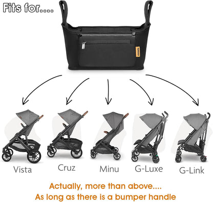 Parent Organizer Bag, Stroller Organizer Fits for Uppababy Vista, Cruz, Minu, Stroller Caddy with Cup Holder, Zippered Pocket, Multiple Pockets and Adjustable Straps, Easy to Carry