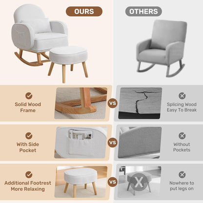HCHAIRH Nursery Rocking Chair with Ottoman, Upholstered Glider Rocker with High Backrest Side Pocket, Rocking Accent Armchair with Solid Wood Legs for Nursery, Living Room, Bedroom, Light Grey