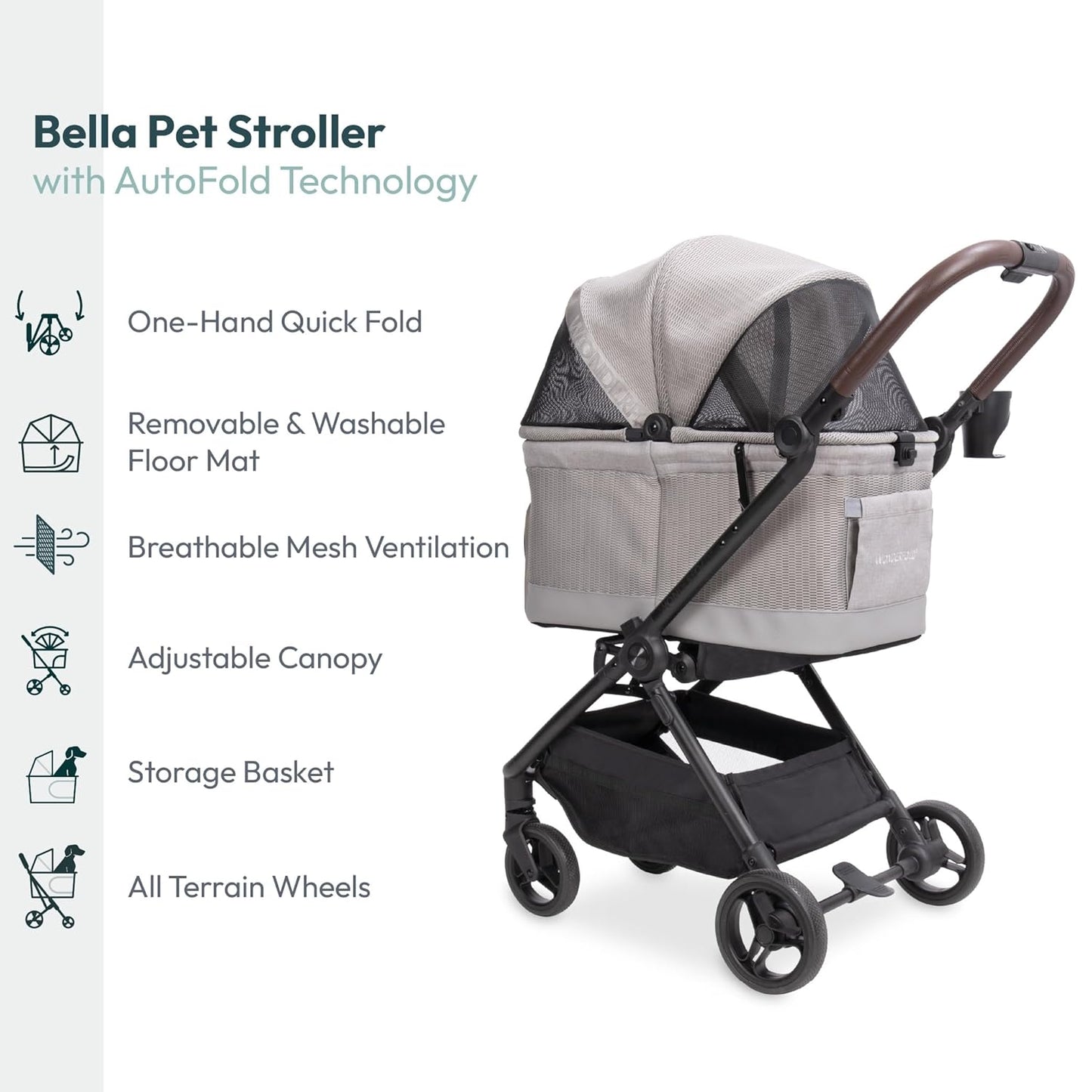WonderFold Bella Pet Stroller - Autofold Design with Lightweight Aluminum Frame, Breathable Carriage Fabrics and Canopy, Safety Tethers & Easy-Clean Interior - Graphite Black