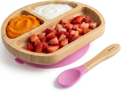 Abiie Octopod Bamboo Dish - Kids Plates for 4 months and up, 3-Compartment Baby Plates with Suction, Triangle Bamboo Baby Plate, Mess-Free Toddler Suction Plates, Baby Feeding Supplies, 8.3x1.9x7.7 in