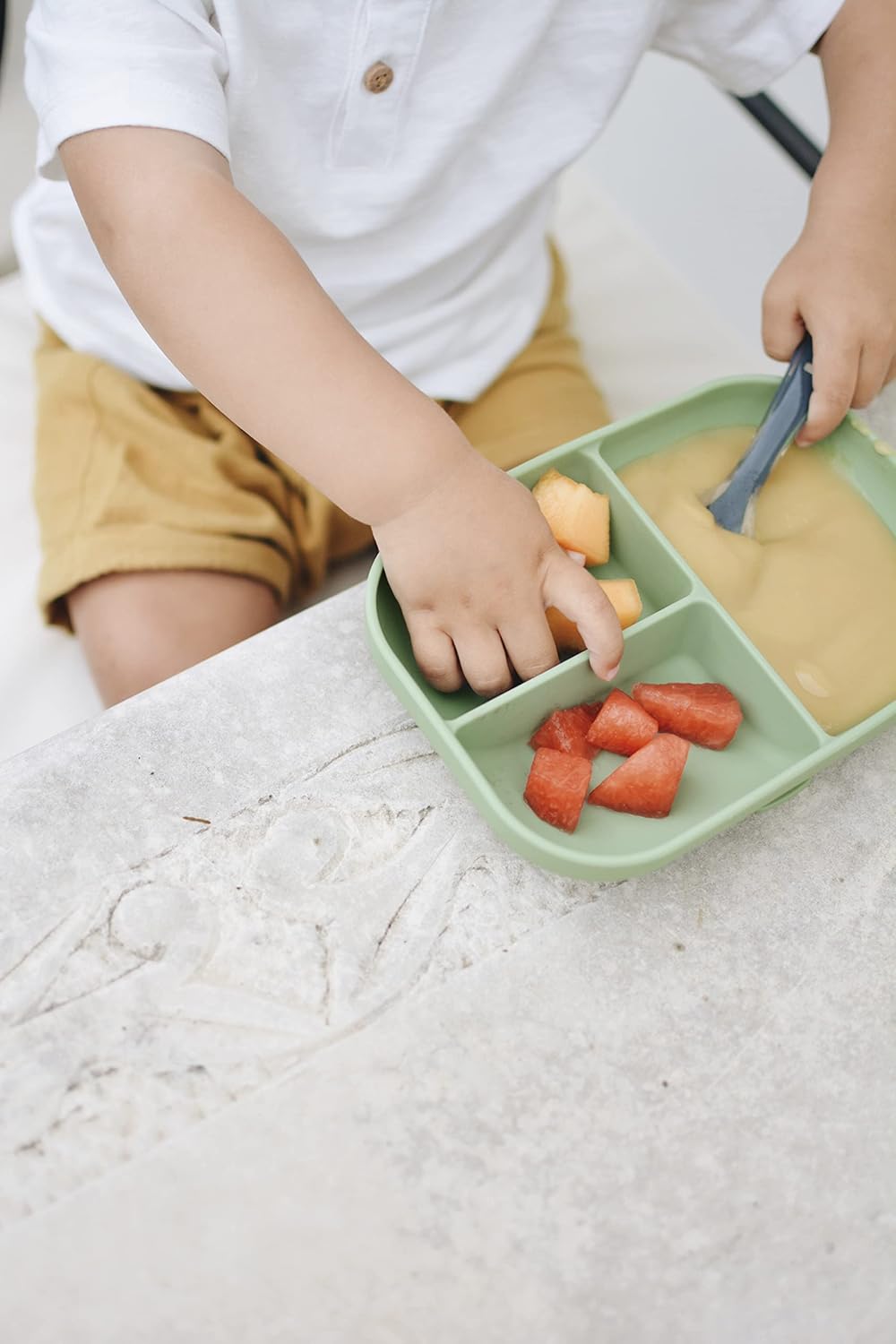Beaba Silicone Suction Plates for Baby, Made with High Grade Food Safe Silicone, Toddler Dishes, Soft Unbreakable Baby Plates with Suction Bottom, Sage