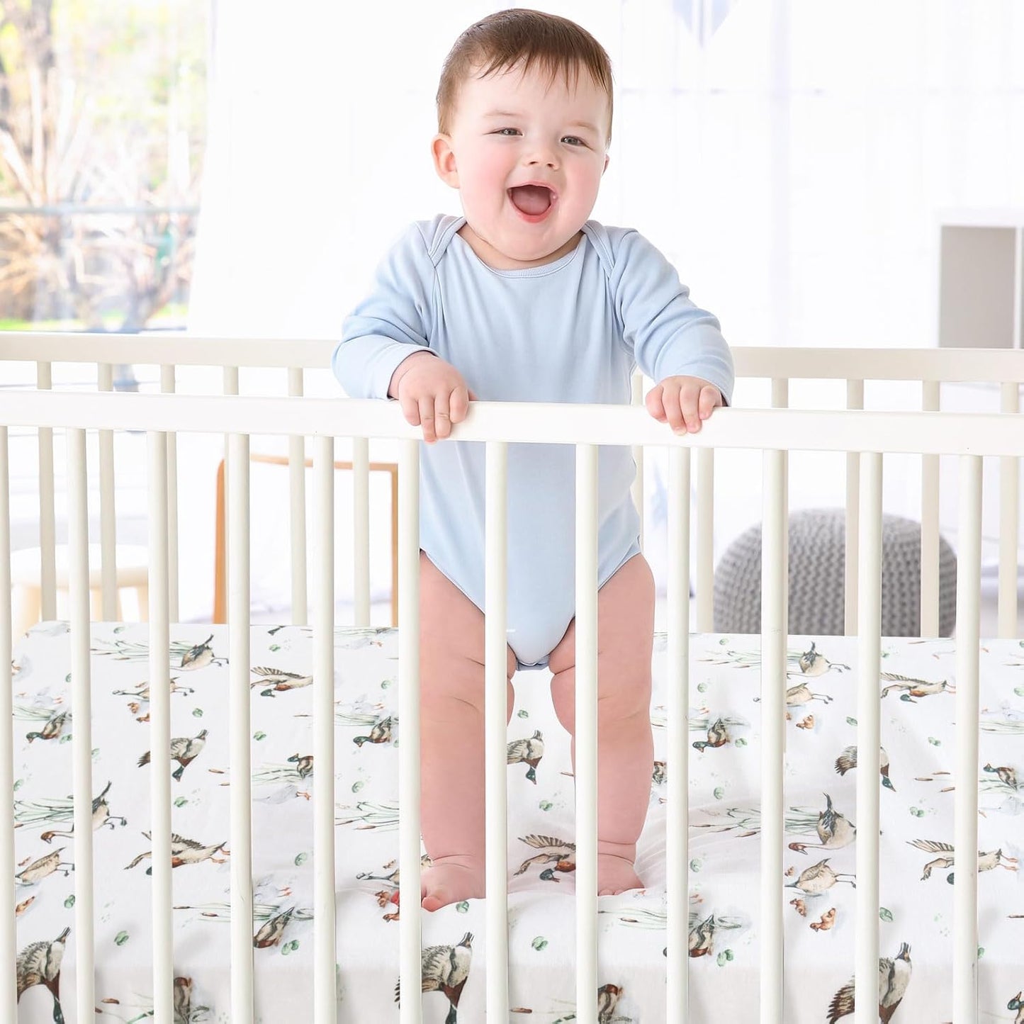 LifeTree Crib Sheets for Baby Unisex - Muslin Fitted Crib Sheets Toddler Bed Sheet, 70% Viscose from Bamboo and 30% Cotton, Fits Mini Crib & Pack and Play Playard, Bear, 26in x 38in
