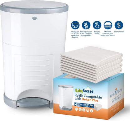Diaper Pail Refills Compatible with Dekor PLUS Diaper Pail 4 Refill Bags Holds 2320 Diapers – Strong, Durable Baby Powder Scented Refills Bags