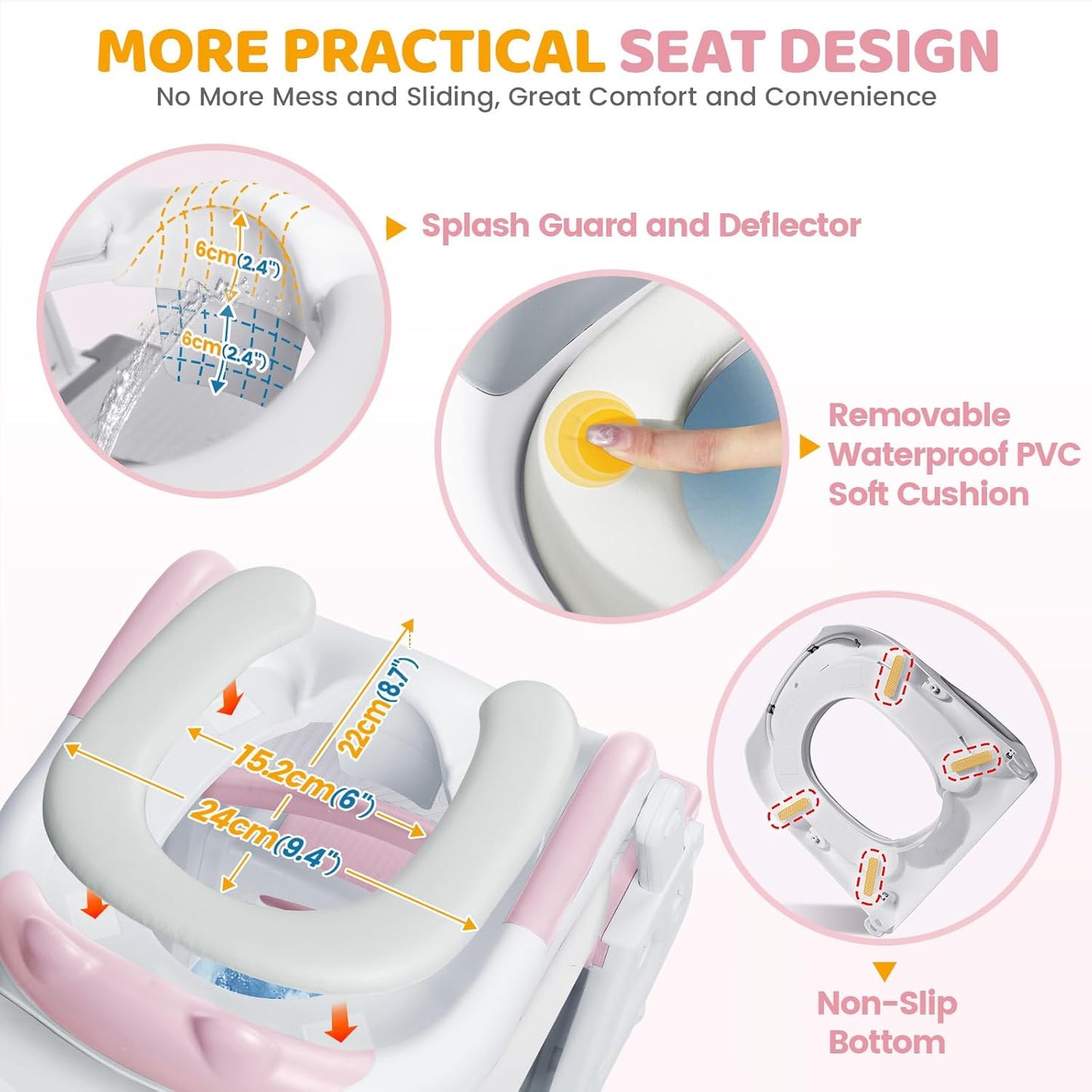 Orzbow Potty Training Seat | Upgrade Toddler Potty Training Toilet with Step Stool, 2-in-1 Stability Toilet Seat for Boys Girls | with Splash Guard, Anti-Slip Pad, Ladder, and Height Adjustable, Pink
