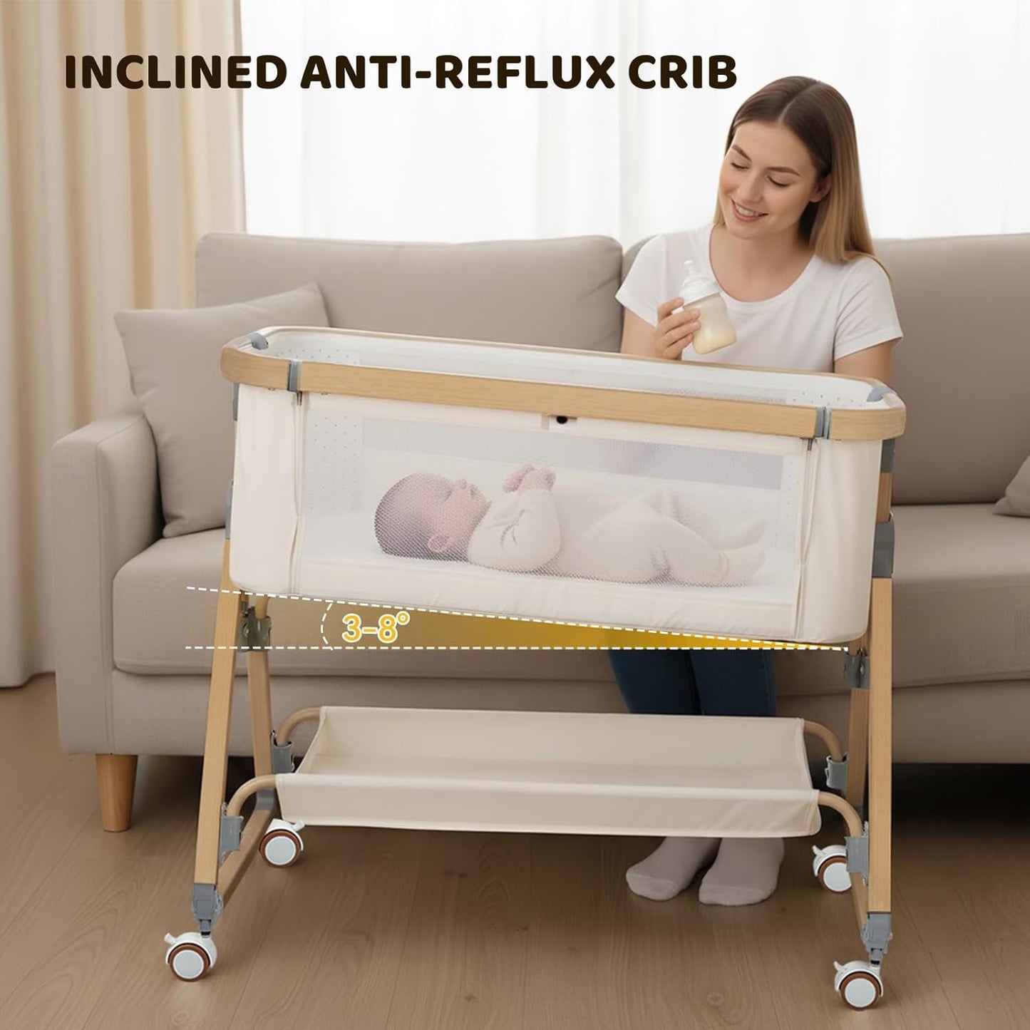 Bassinet Bedside Sleeper,Bedside Bassinet,Rocking Bassinet,3 in 1 Portable Bedside Crib with Mattress,Mobile,Mosquito Net,Storage Basket,6-Height Adjustable Baby Bassinet with Wheels for Newborn,Beige