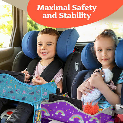 PILLANI Kids Travel Tray for Car Seat - Carseat Tray w/ iPad Holder & Dry Erase Board, Road Trip Activities - Toddler Lap Desk Organizer for Airplane - Roadtrip & Travel Essentials - Pack of 2, Pink