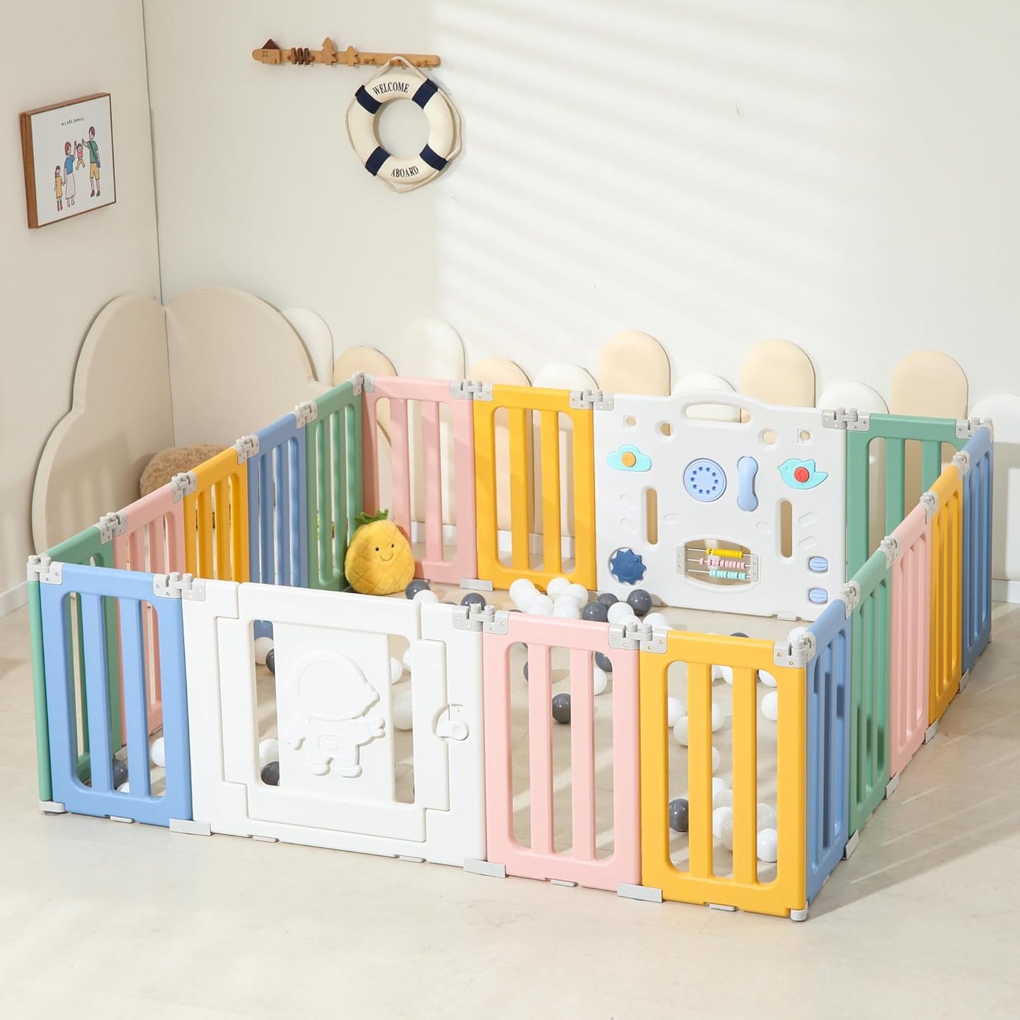 Bestgame Baby Play Pen, Foldable Play Pens for Babies and Toddlers, 14 Panels Extra Large Baby Playpen, Astronauts Portable Fence, Kids Gate Playpen Yard - Grey