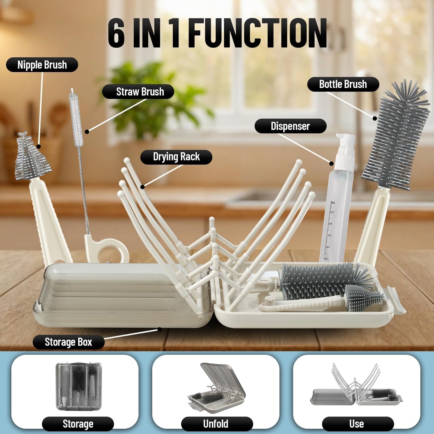 Bottle Cleaning Kit – BPA Free Brush Set, 6 in 1 Travel Bottle Cleaner Kit with Silicone Brushes for Bottle, Breast Pump, Straw, Nipple - Portable Bottle Washing Kit