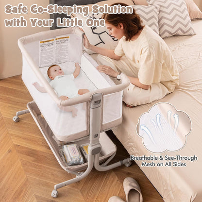 BABY JOY Bassinet, Bedside Crib w/ 6-Level Adjustable Height, Storage Shelf, Wheels, Mattress & Carry Bag for Safe Co-Sleeping, Folding Bassinet Bedside Sleeper for Newborn Infants (Gray)
