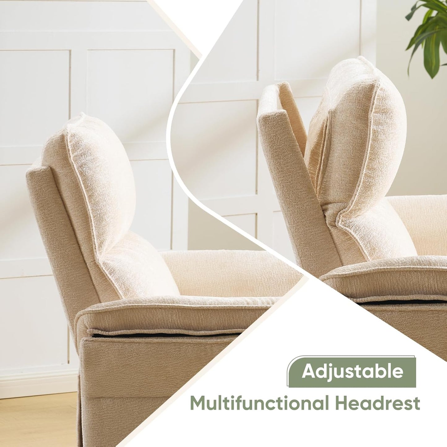 Oversized Glider Rocker Recliner, 26" Extra Wide 360° Swivel Nursery Recliner with Adjustable Headrest, Chenille Rocking Nursery Chair with Overstuffed Armrest, Lumbar Support, Light Grey