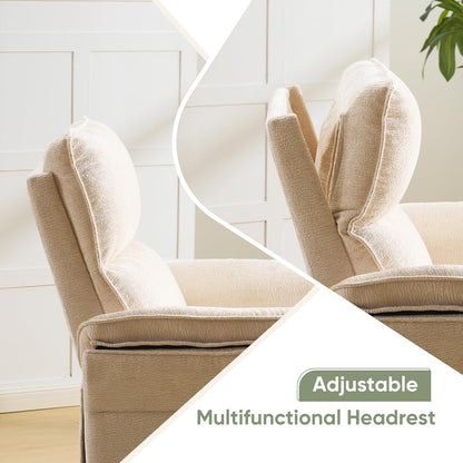 Oversized Glider Rocker Recliner, 26" Extra Wide 360° Swivel Nursery Recliner with Adjustable Headrest, Chenille Rocking Nursery Chair with Overstuffed Armrest, Lumbar Support, Light Grey