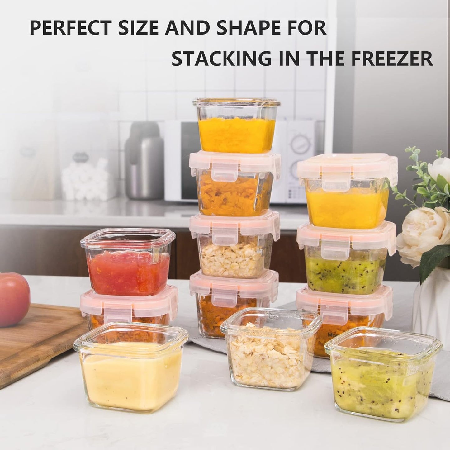 Luvan 7oz Glass Baby Food Containers, 12 Pack with Leakproof Lids, Stackable, Freezer Safe, Baby Bullet Containers for Fruit Purees and Vegetable Mashes