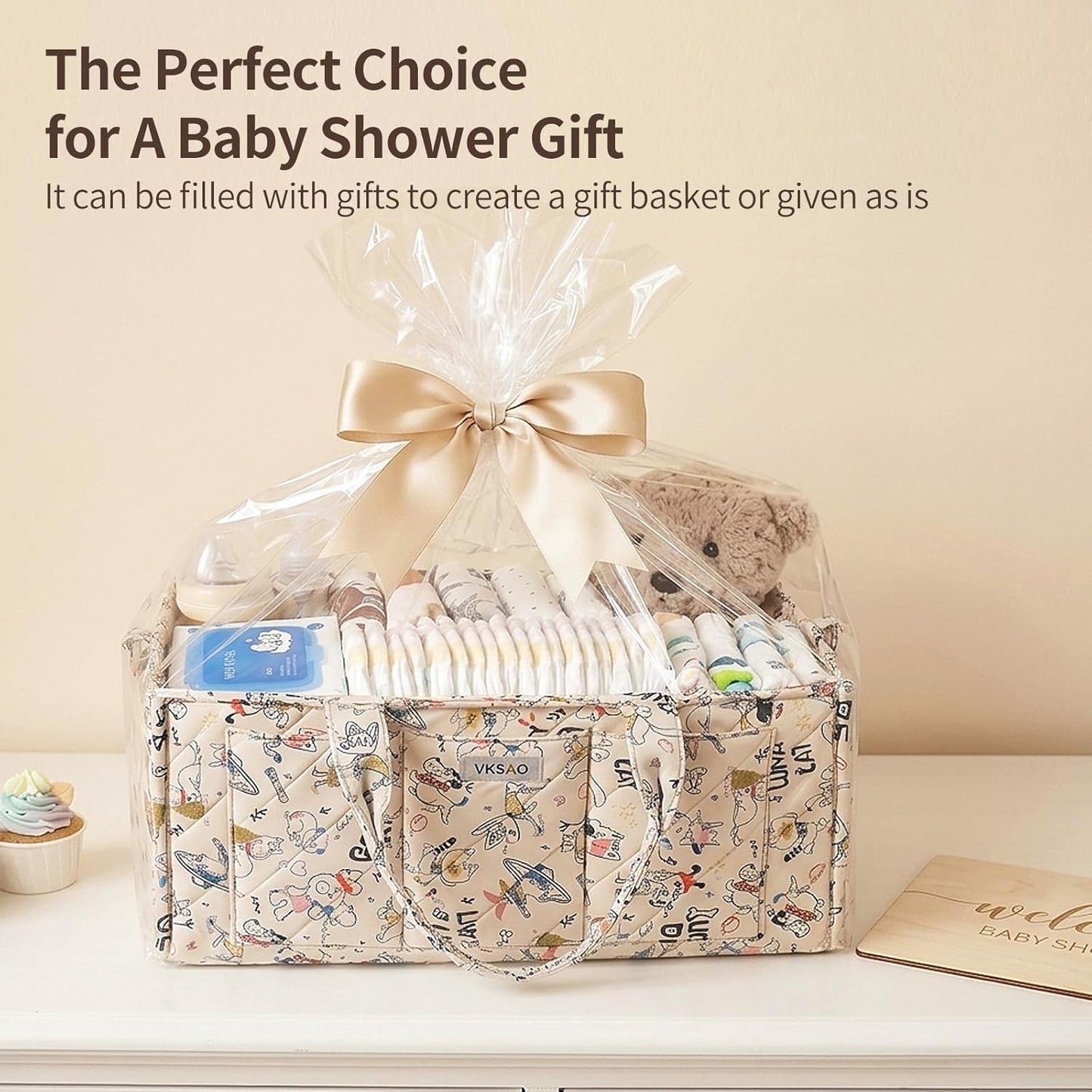 Baby Boy Essentials Diaper Caddy Organizer – Portable Storage Basket with Shoulder Strap & Stroller Hooks, Splashproof Quilted Nursery & Car Tote, Baby Gifts for Baby Shower, Classic Blue