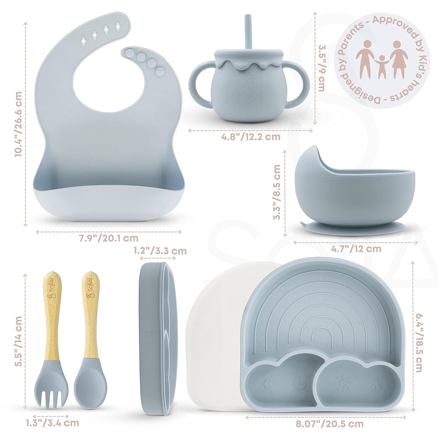 BPA-Free Non-Toxic Silicone Baby Feeding Set – Suction Plate, Bowl, Bib & Cup – 11-Piece Baby Led Weaning Set for Ages 6-18 Months – Eco Gift Bag (Dusty Blue)