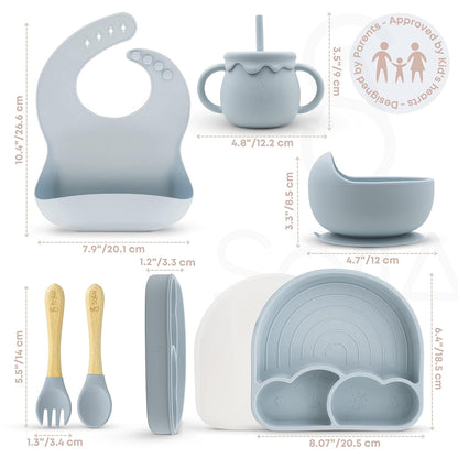 BPA-Free Non-Toxic Silicone Baby Feeding Set – Suction Plate, Bowl, Bib & Cup – 11-Piece Baby Led Weaning Set for Ages 6-18 Months – Eco Gift Bag (Dusty Blue)