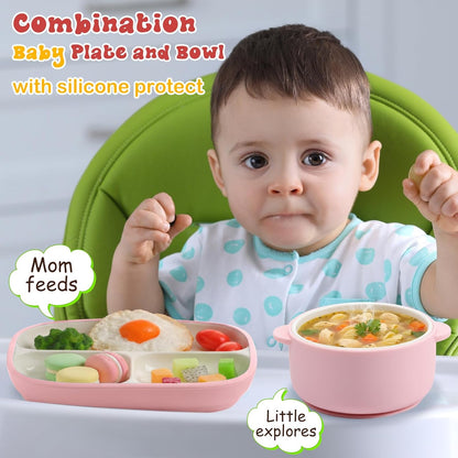 Domensi 4 Pcs Square Porcelain Kid Plate and Bowl Set with Suction, 2 Ceramic Toddler Divided Plate 2 Baby Anti Slip Silicone Sleeve Bowl for Feeding Supplies Microwave Dishwasher Safe(Blue, Green)