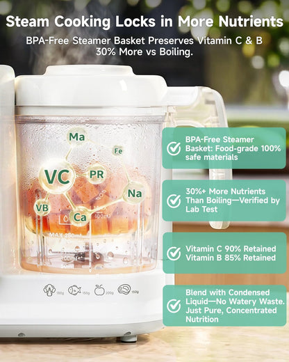 Baby Food Maker, One Step Baby Food Processor Steamer with Steam Basket Puree Blender Grinder Safty Lock, Auto Cooking Grinding Self-Cleaning & Sterili-zing for Healthy Homemade Baby Food, BPA-Free