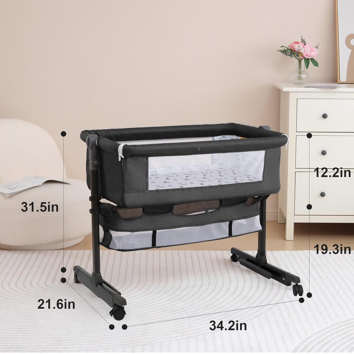 YADAQE Baby Bassinet, Baby Basinet Bedside Sleeper, Easy to Fold Portable Crib Side Bassinet 2025new Style Girl/boy bassinets(Light Grey)
