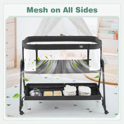 BABY JOY Bassinet Bedside Sleeper, Easy Folding Baby Crib w/All-Side Mesh, Storage Shelf, 7 Adjustable Heights, Mattress & Travel Bag for Safe Co-Sleeping, Portable Baby Bed for Newborn Infant -Gray