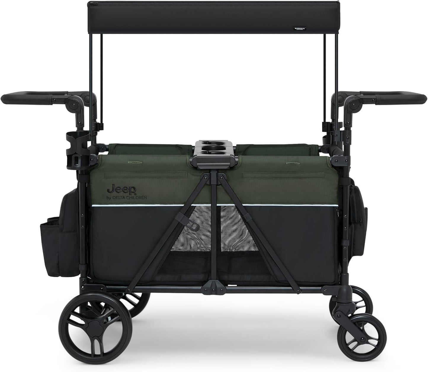 Jeep Aries Stroller Wagon by Delta Children Premium Wagon for 2 Kids with Convertible Seats, Adjustable Push/Pull Handles, Removable Canopy & Flat Fold - Greenguard Gold Certified, Black/Green