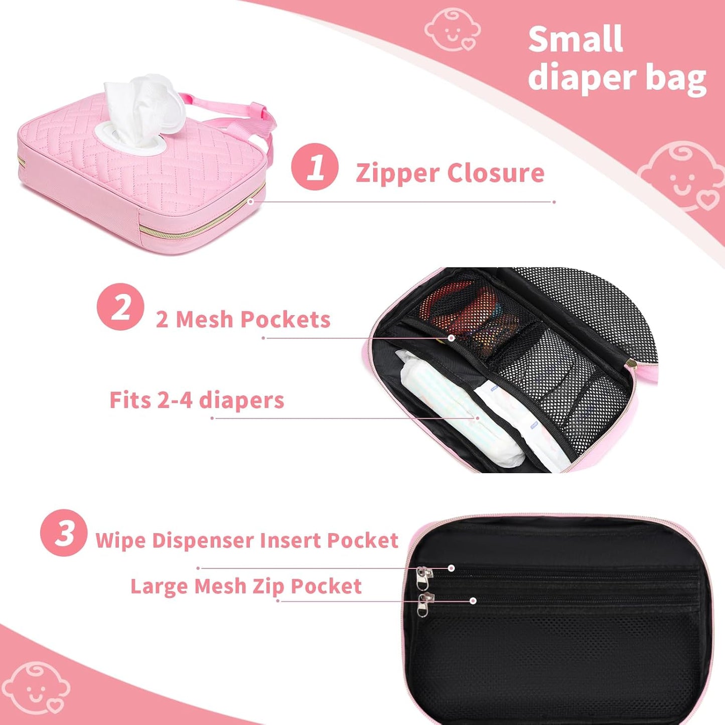 Diaper Bag Organizer with 2 Pieces Wipes Dispensers, Portable Stroller Mini Diaper Bag Pouches Travel Gear, Foldable Newborn Baby Essentials, Small Clutch, PInk