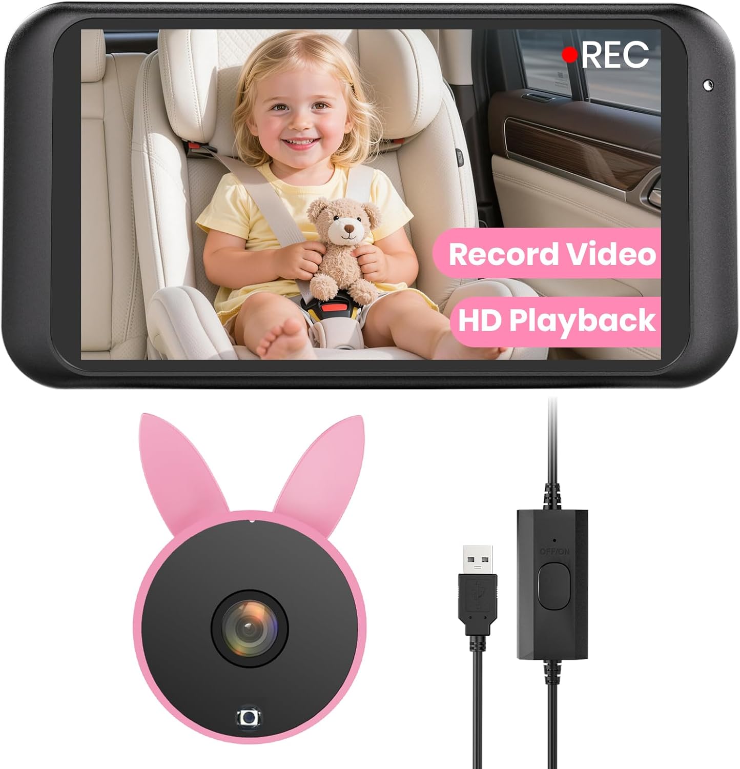 Babyvue Baby Car Camera HD 1080P with Video Recording & Playback, 4.5" Car Baby Monitor with Auto IR Night Vision, USB Plug & Play, Rear Facing Car Seat Camera for Kids/Infants,BV2MAX White