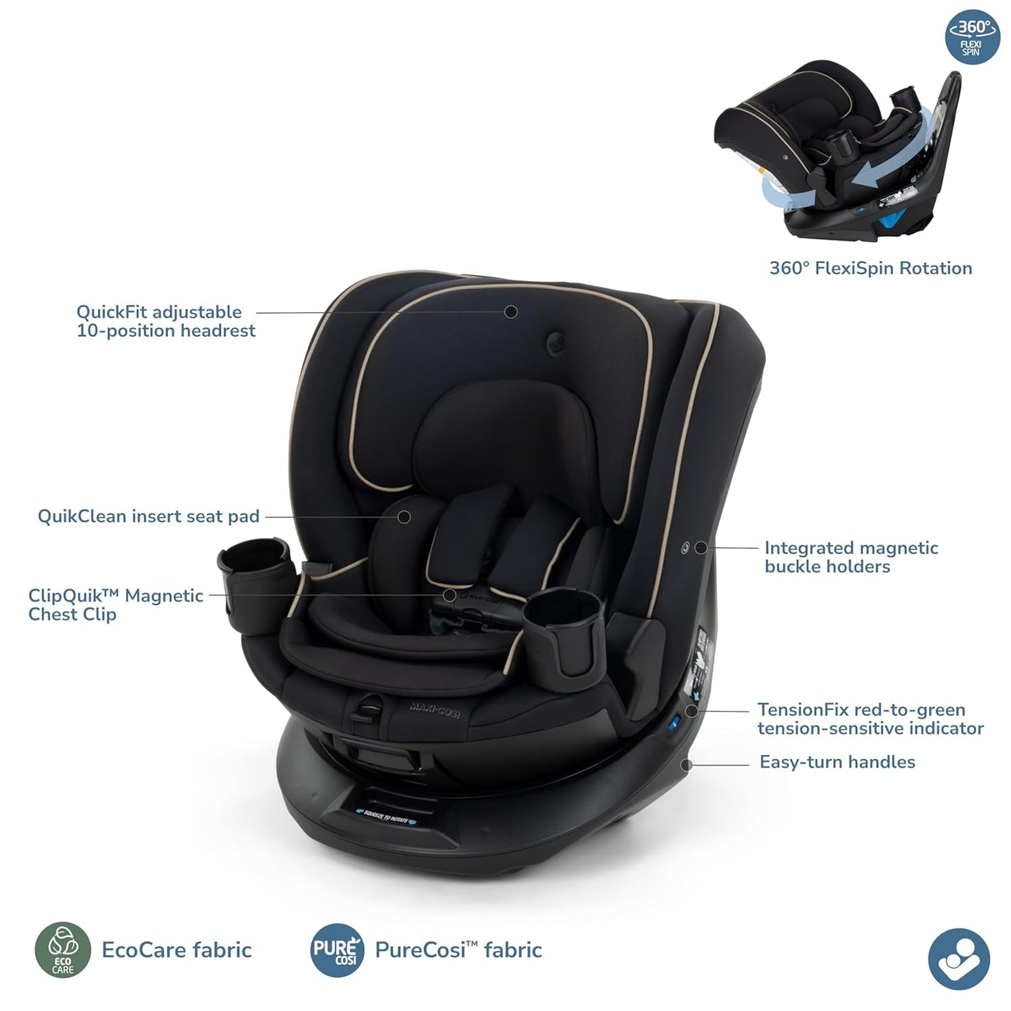 Maxi-Cosi Andi 360 Rotating All-in-One Baby Convertible Car Seat, Rear Facing, Forward Facing Infant Toddler Booster, Easy Rotation, Tension System, Harness Adjust, Truffle