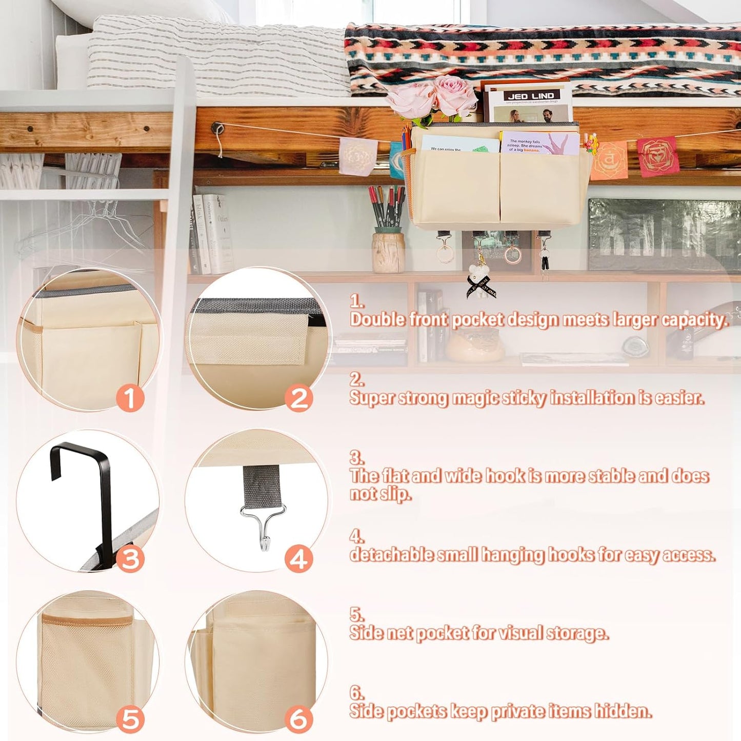 Bedside Storage Organizer 5 Pockets with 4 Hooks Hanging Storage Bag for Headboards/Bunk Bed (Pink)