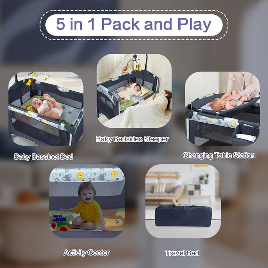 SIMPLGIRL 5-in-1 Baby Bassinet Bedside Crib, Pack and Play Long Next to Parents Bed Crib, Foldable Playard, Playpen Travel Bed Nursery Center for Girl Boy Infant Newborn