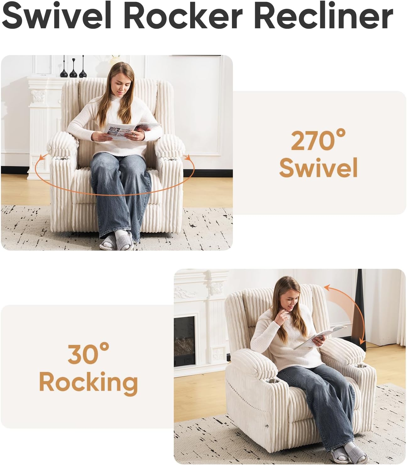 Oversized Power Recliner Chair with Massage and Heat, Swivel Rocker Recliner Chair for Adults with Arm Storage, Nursery Glider Recliner with Adjustable Headrest and Phone Stand, Side Pockets, Beige