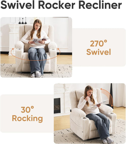 Oversized Power Recliner Chair with Massage and Heat, Swivel Rocker Recliner Chair for Adults with Arm Storage, Nursery Glider Recliner with Adjustable Headrest and Phone Stand, Side Pockets, Beige