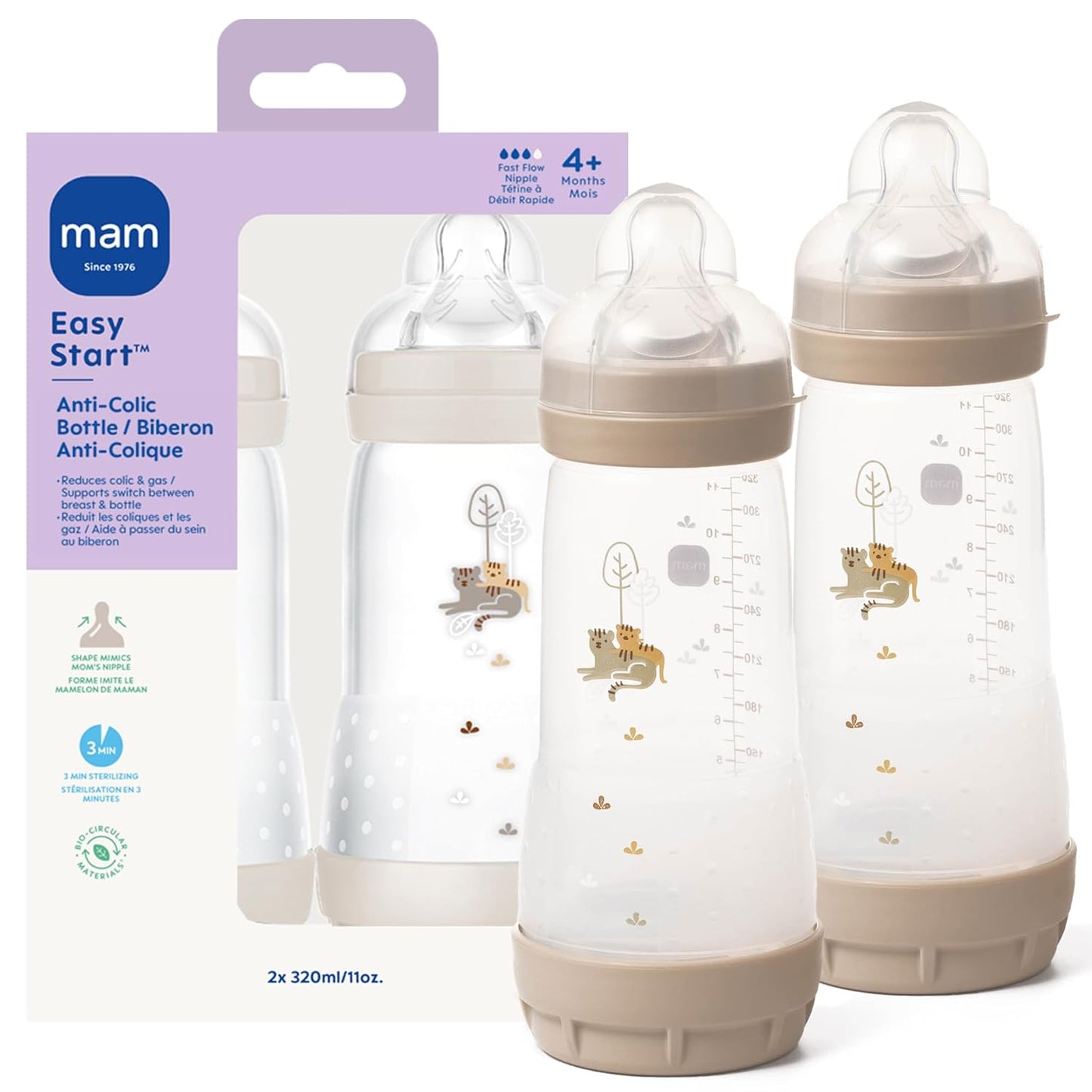 MAM 11oz Easy Start Anti-Colic+ Wide Neck Baby Bottle, Fast Flow Breastfeeding-Like Nipple, Reduces Colic Gas & Reflux, Easy to Clean, BPA Free, 4+ Months, Made in Europe, 2 Pack, Boy