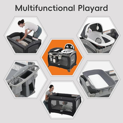 Pamo Babe Pack and Play 4 in 1 Playard Portable Playard Foldable Playpen for Baby and Toddler Portable Crib Mattress Diaper Changer for Newborn (Grey)