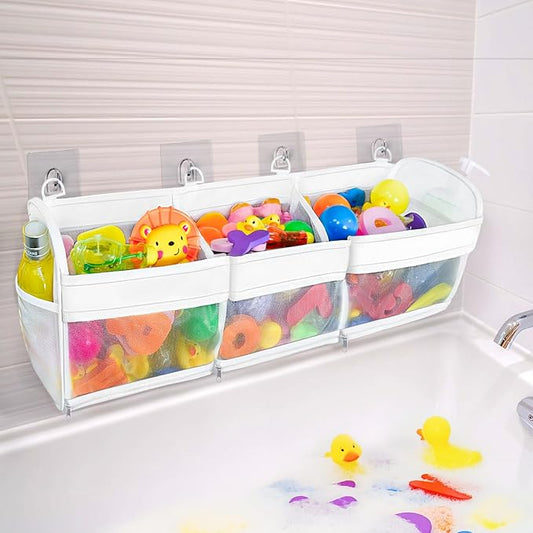 Bath Toy Storage and Organizer – 3-Compartment Hanging Bathtub Toy Holder with Bottom Zipper, Quick-Drying Mesh Bag, Ideal Bath Toy Holder for Easy Access and Sorting of Toys