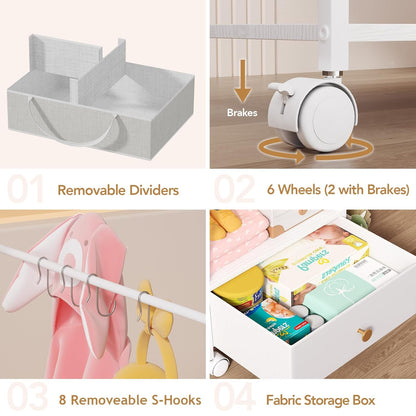 BBLIKE 3in1 Diaper Caddy Organizer - Diaper Caddy & Rolling Diaper Cart with Kids Clothing Rack for Nursery and Baby Essentials, Multi-Function Utility Cart for Bedroom and Bathroom, White