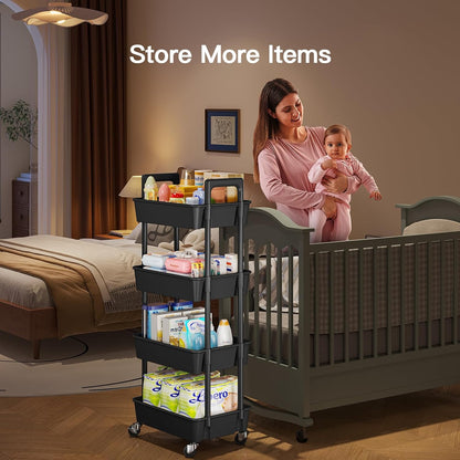 Pipishell 3 Tier Rolling Cart Organizer, Plastic Rolling Cart with Lockable Wheels & Reinforced Handle, Lightweight Utility Cart Storage Cart for Nursery, Kitchen, Bathroom, Craft Room, White, PIUC14W