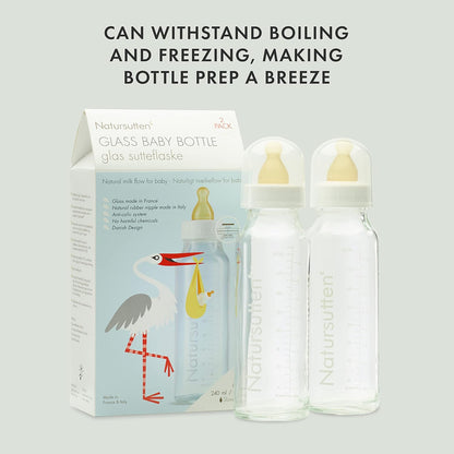 Natursutten Anti-Colic Glass Baby Bottle 2-Pack - 4 Ounce Bottles for Breastfeeding Babies - Newborn Bottles Set: Natural Rubber Slow-Flow Bottle Nipples, Seals, Valves, Baby Bottle Caps
