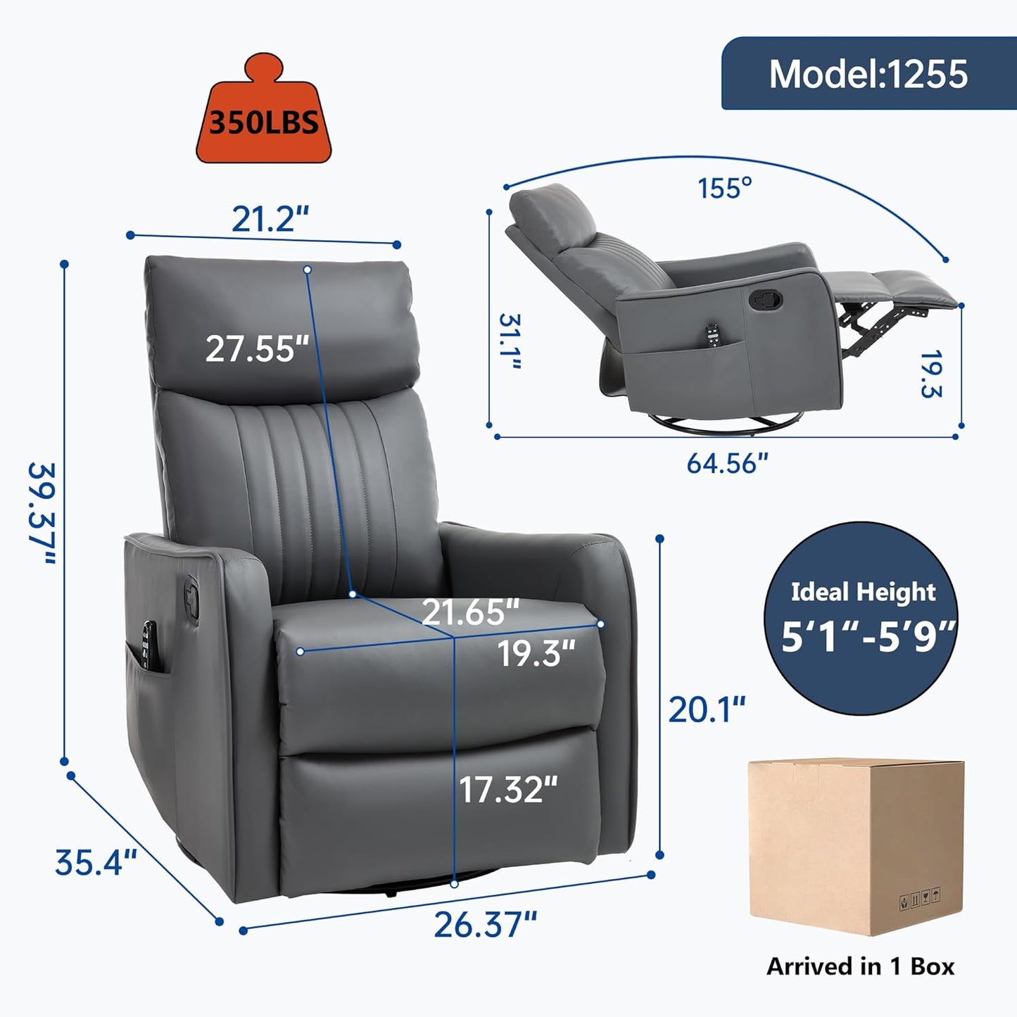 Swivel Rocker Recliner Chair for Adults, Nursery Rocking Chair with Heat and Massage, Glider Reclining Chair for Small Space Living Room Bedroom, Faux Leather Black