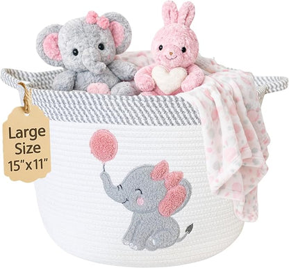 Elephant Storage Basket for Nursery – Large 15”x11” Cotton Rope Bin with Soft Felt Elephant Patch – Toy Organizer, Baby Laundry Hamper, Diaper & Towel Holder – Foldable, Washable & Baby-Safe