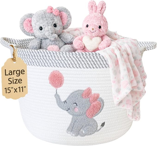 Elephant Storage Basket for Nursery – Large 15”x11” Cotton Rope Bin with Soft Felt Elephant Patch – Toy Organizer, Baby Laundry Hamper, Diaper & Towel Holder – Foldable, Washable & Baby-Safe