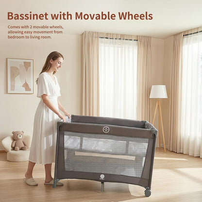 Babilous Pack and Play, Baby Bassinet with Wheels, Foldable Baby Playard for Travel, Easy Carry Bedside Bassinet, Mini Pack n Play with Comfortable Mattress & Compact Space Saving Design, Grey