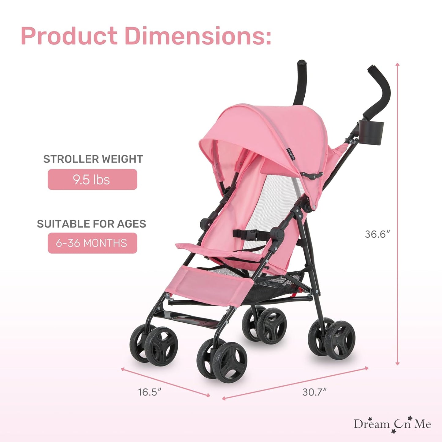 Dream On Me Rover Convenience Baby Stroller – Lightweight & Compact Travel Umbrella Stroller, Quick One-Hand Fold, Lockable Rear Wheels, Adjustable Canopy, 3-Point Safety Harness & Cup Holder – Grey