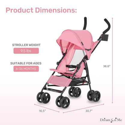 Dream On Me Rover Convenience Baby Stroller – Lightweight & Compact Travel Umbrella Stroller, Quick One-Hand Fold, Lockable Rear Wheels, Adjustable Canopy, 3-Point Safety Harness & Cup Holder – Grey