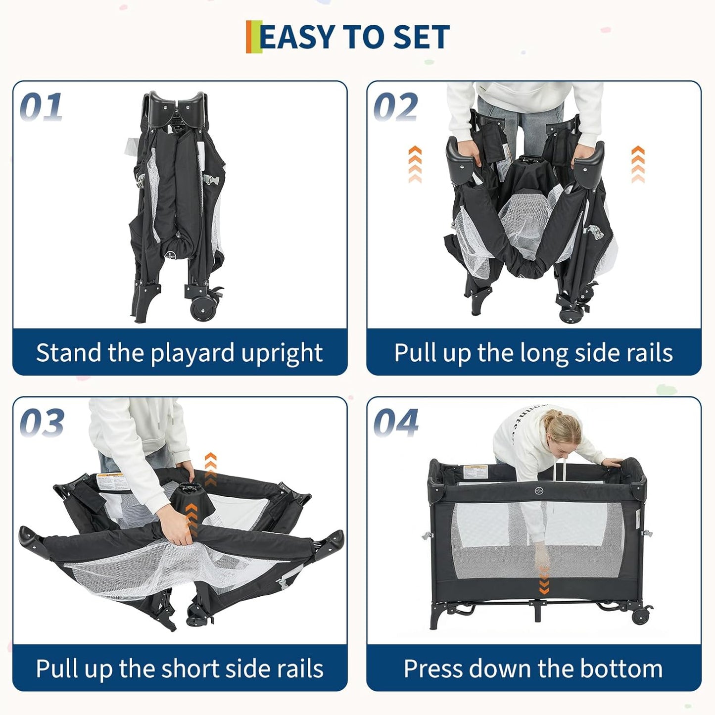 4 in 1 Baby Playard, Portable Bedside Crib with Rocking Bassinet & Diaper Changer, Infant Pack and Play with Mattress, Large Toddler Playpen, Newborn Changing Table, Storage Pocket & Rotating Toy Bar