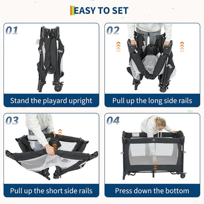 4 in 1 Baby Playard, Portable Bedside Crib with Rocking Bassinet & Diaper Changer, Infant Pack and Play with Mattress, Large Toddler Playpen, Newborn Changing Table, Storage Pocket & Rotating Toy Bar
