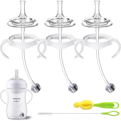 Straw Cup Conversion Kit for Philips Avent Natural Baby Bottles, Sippy Cups Transition Kit with Silicone Straw Top Nipples, Weighted Straw, Bottle Handle, Cleaning Brush for Toddler 6+ Month, 3-Pack