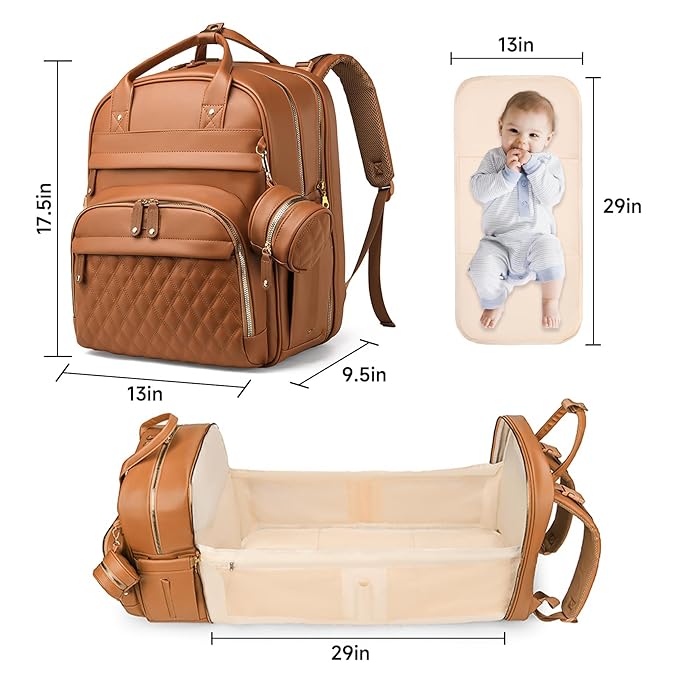 ANWTOTU Leather Baby Diaper Bags with Changing Station,Extra large Capacity Baby Diaper Bag Backpack,Waterproof Baby Essentials(Brown)